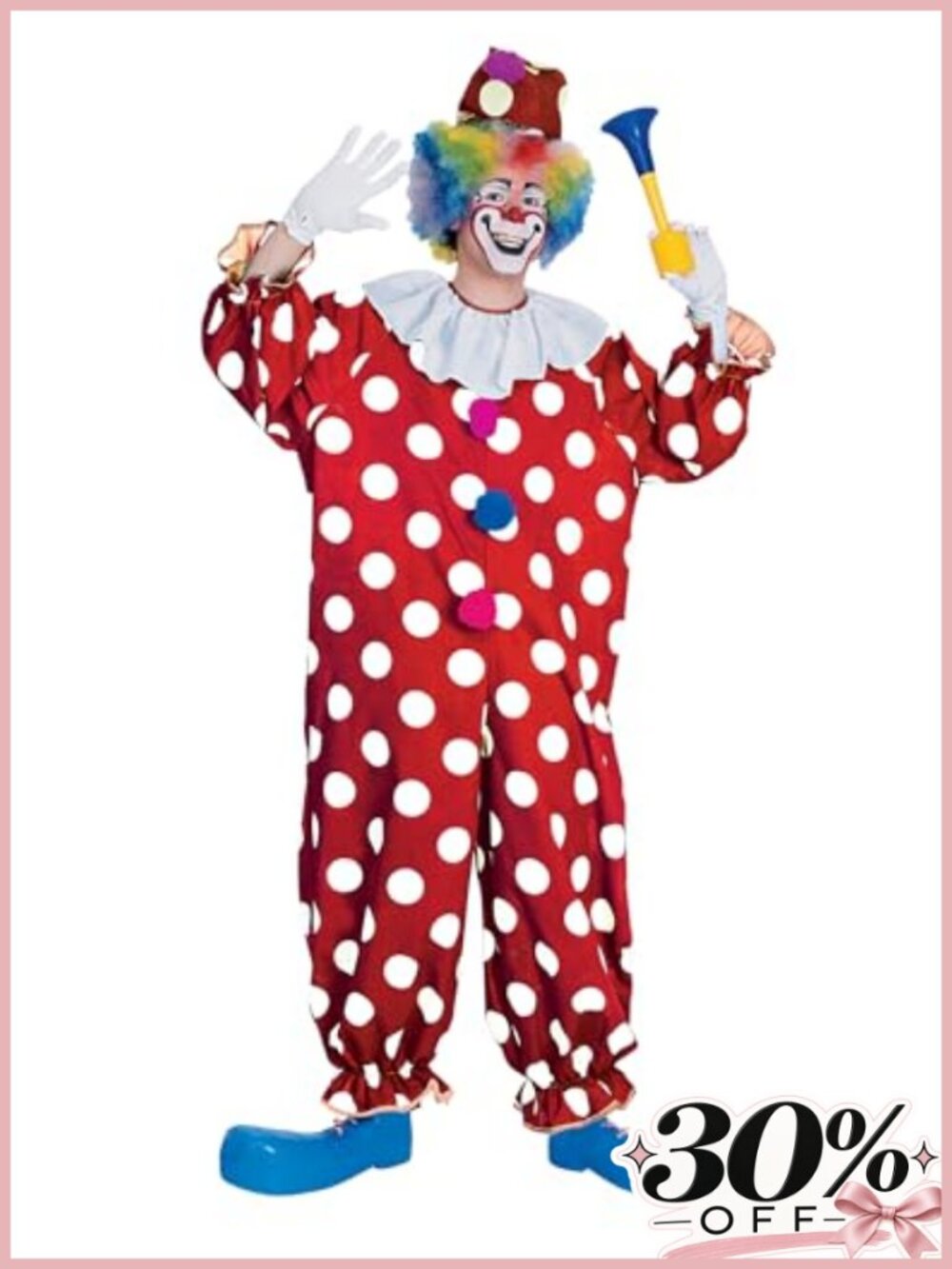 Adult Clown Costume One Size Hat Jumpsuit Ruffled Neck Halloween
